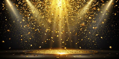 Festive Stage Mockup: Golden Confetti Rain, Award Ceremony, Jubilee, New Year's Party Background