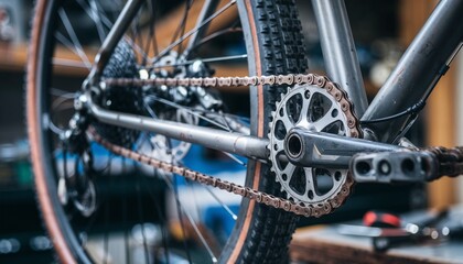 Industrial Close-up of Metallic Bicycle Drivetrain in Workshop Setting

