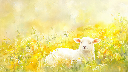 Fototapeta premium A soft watercolor painting of a lamb resting in a meadow filled with colorful wildflowers, bathed in golden sunlight, creating a serene and peaceful atmosphere in the background.