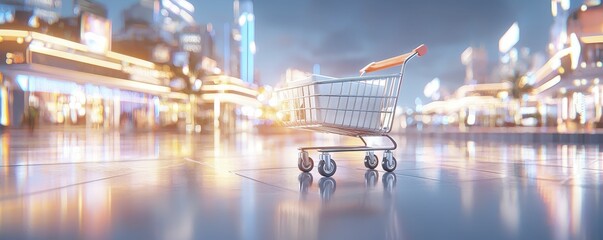 Shopping Cart Empty shopping cart on a reflective surface in a cityscape.