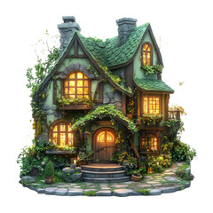 Fototapeta premium Cozy Stone Cottage with Lush Greenery and Warm Lights