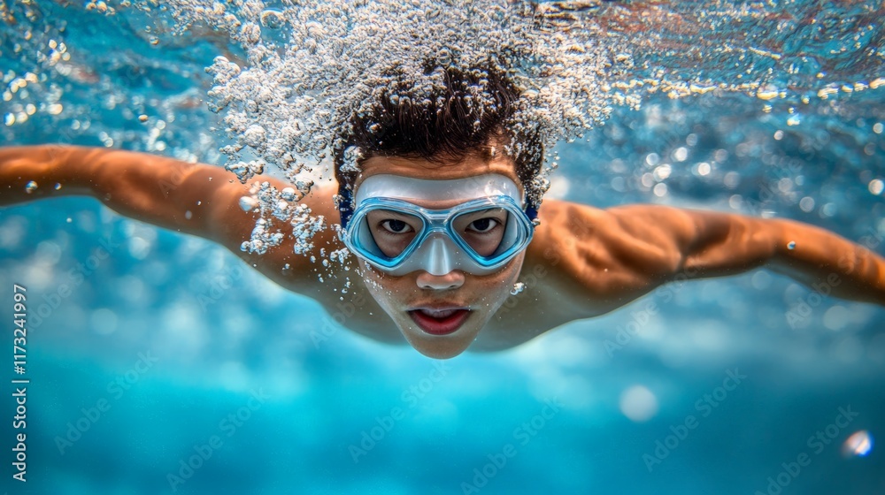 Aufkleber swimmer glides underwater with goggles, surrounded by bubbles and rippling water, capturing the dyna