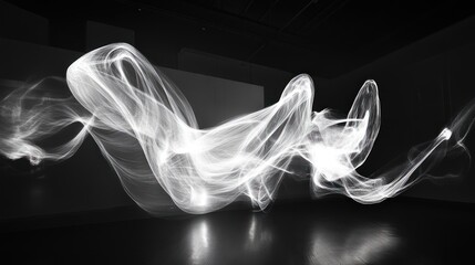 Fototapeta premium Abstract light trails create a dynamic, ethereal atmosphere in a dark space.