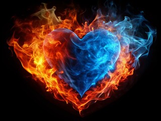 Fiery Heart: Red and Blue Flames Burning Heart Symbol Isolated on Black Background Stock Photo
