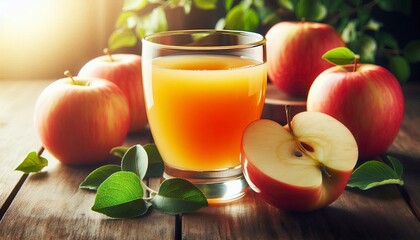 A glass of fresh apple juice with a slice of apple on the rim