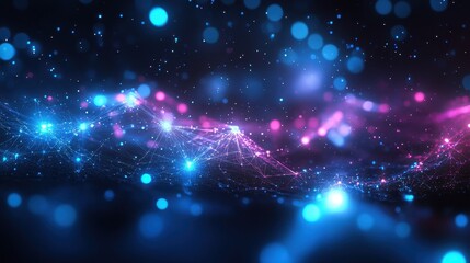 Futuristic Digital Network with Glowing Blue and Pink Lights in a Dark Abstract Background