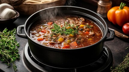 A pot of hearty soup being stirred on a stove, with steam rising and fresh herbs on the counter. 
