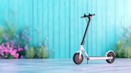 Modern Electric Scooter on Bright Background with Colorful Plants and Flowers