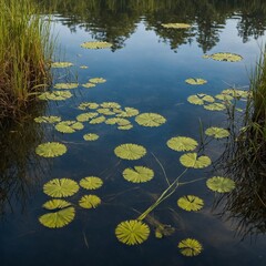 Plants reflected perfectly in a crystal-clear lake.