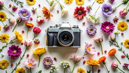Flatlay Camera & Flowers: Top View of DSLR on Vibrant Floral Background