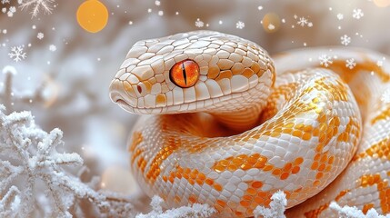 Fototapeta premium Stunning Albino Python Coiled on Frosty Branches with Snowflakes and Bokeh Lights in a Winter Wonderland