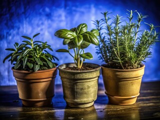 Fototapeta premium Simple clipart: Basil, rosemary, thyme in minimalist herb pots, perfect for kitchen garden illustrations.