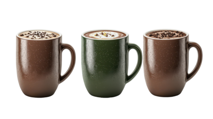 Three mugs filled with delicious beverages. transparent background