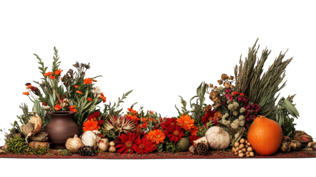Vibrant arrangement of autumnal florals and produce. transparent background