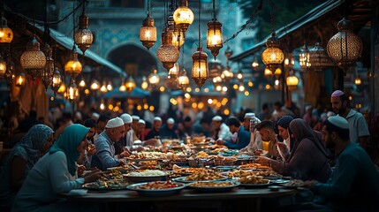"Festive Ramadan Meal Featuring a Variety of Dishes with Warm Lighting Creating a Joyful Atmosphere"