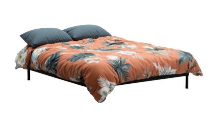 Cozy bed with floral comforter and pillows. transparent background