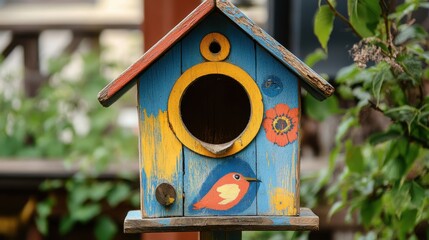 Vibrant Colorful Wooden Birdhouse in Garden