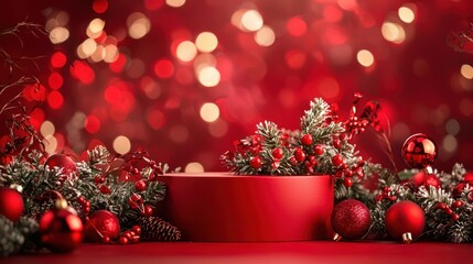 Red Christmas Festive Background with Decorations and Cylindrical Display Stand