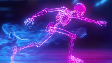 Fototapeta premium Futuristic Neon Skeleton in Motion with Vibrant Colors and Dynamic Energy in a Digital Art Style