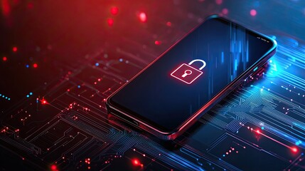 Smartphone with cybersecurity lock icon on a digital circuit background