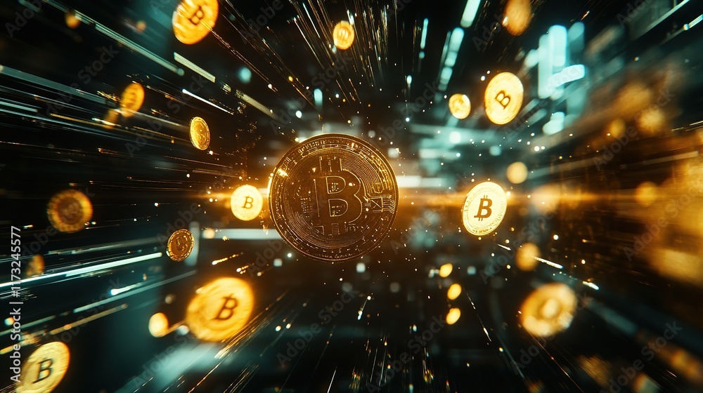 Poster Abstract Digital Currency Concepts with Floating Symbols on Screen