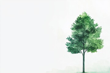 Watercolor Illustration of Solitary Green Tree on White Background