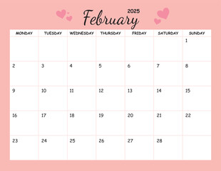 Cute february 2025 calendar love pink color