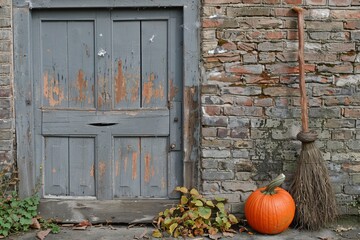 Rustic door with weathered wood, a bright pumpkin, and a broom in a charming autumn setting