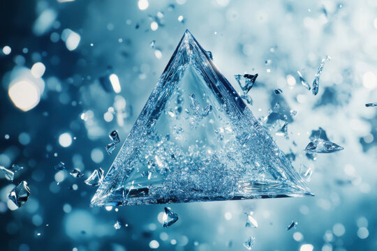 stunning isosceles triangle made of glass, surrounded by shards