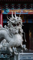 A stunning Chinese dragon statue guarding the entrance of a temple.
