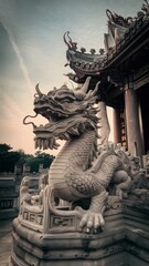 Fototapeta premium Close-up of a dragon statue placed at the entrance of a traditional Chinese temple. 