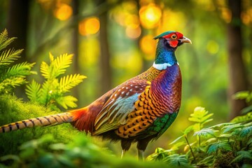 Fototapeta premium Wild pheasant, motion blur, long exposure nature photography. A vibrant wildlife image captured in dynamic motion.