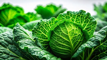 Obraz premium Fresh Green Cabbage Leaves Isolated on White Background - Tilt-Shift Miniature Photography