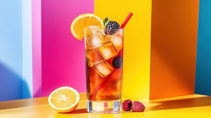 A glass of fruit iced tea with ice cubes, citrus, and berry garnishes, set against a playful and vivid color backdrop.