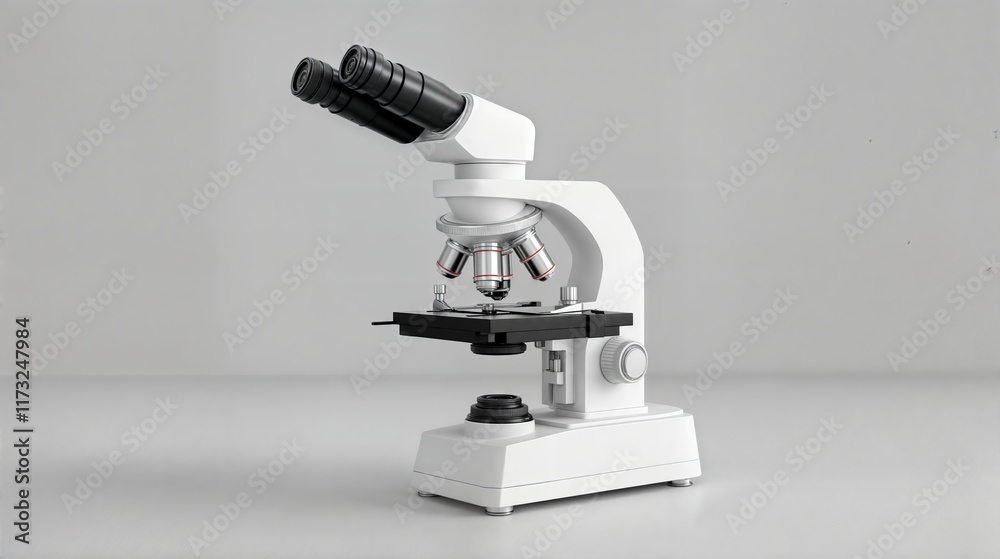 Poster modern microscope standing on a reflective surface in a laboratory setting