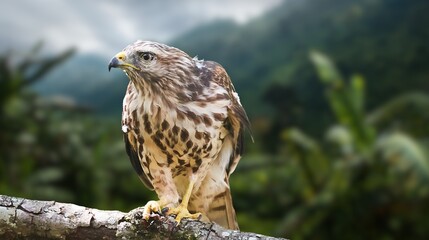 Red tailed hawk resing on tree top, Red-tailed Hawks are large hawks with typical Buteo proportions: very broad, rounded wings and a short, wide tail.Close up Red-tailed hawk.