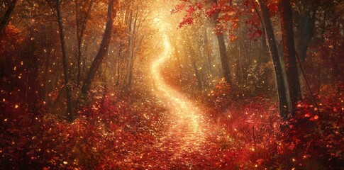 Autumn Path Magical Forest Scene With Glowing Lights