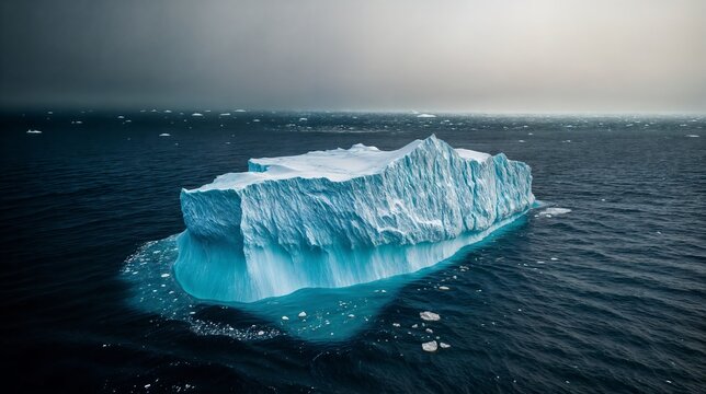 Majestic iceberg floating in dark ocean under cloudy sky