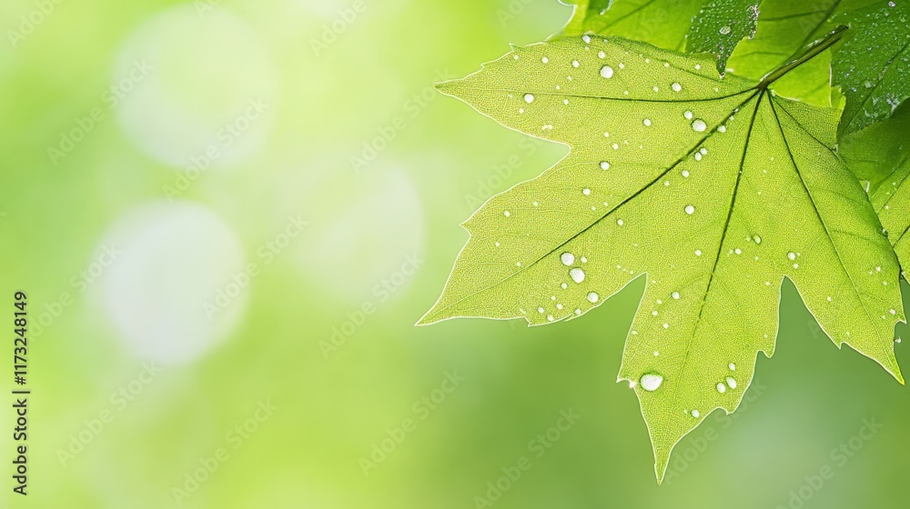 Poster close up of a vibrant green maple leaf with glistening dew drops, illuminated by sunlight against a 