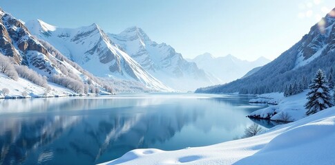 Frosty landscape with snow-capped mountains and icy lake, cold weather, icy lake, snowy mountains