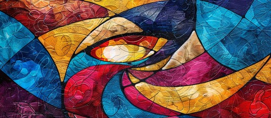 Fototapeta premium Vibrant abstract artwork featuring swirling, multicolored shapes and textures. A captivating blend of blues, reds, and golds creates a dynamic composition.