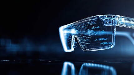 Futuristic Augmented Reality Glasses Displaying Digital Information in a Dark Environment