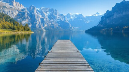 Fototapeta premium Serene mountain lake with wooden dock reflecting majestic peaks.