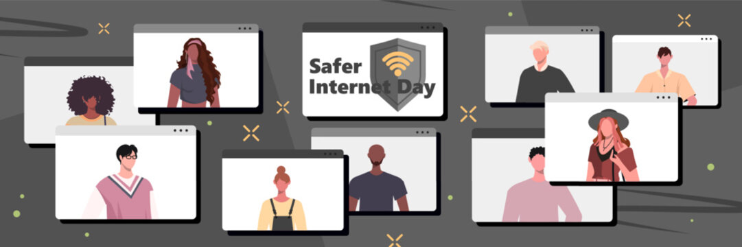 Safer Internet Day. Concept of cybersecurity and data protection. Video call, modern tech usage concept. Vector illustration. Not AI generated - Powered by Adobe