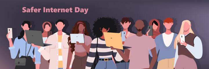  Safer Internet Day is in the second week of February every year. Diverse young people using smartphones and laptops. Vector illustration. Not AI generated