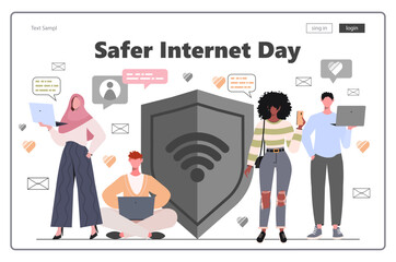 Safer Internet Day. Safer gray Shield. Young people using smartphones and laptops. Modern concept for website development, social media, template web. Vector Not AI generated