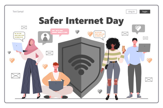 Safer Internet Day. Safer gray Shield. Young people using smartphones and laptops. Modern concept for website development, social media, template web. Vector Not AI generated