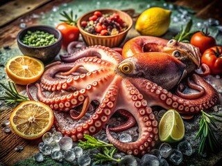 Fototapeta premium Fresh Raw Octopus & Seafood on Ice - Vintage Close-up Stock Photo