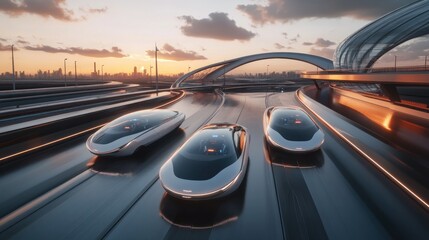 Obraz premium Futuristic Cityscape: Autonomous Vehicles on Elevated Highway at Sunset