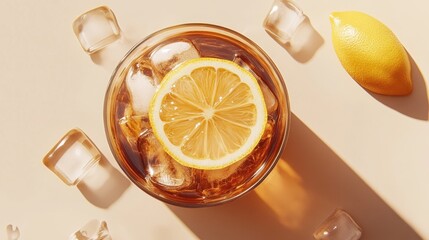 A glass of Long Island iced tea garnished with a lemon slice, served with ice cubes and set on a soft beige background for a cozy, inviting feel.
